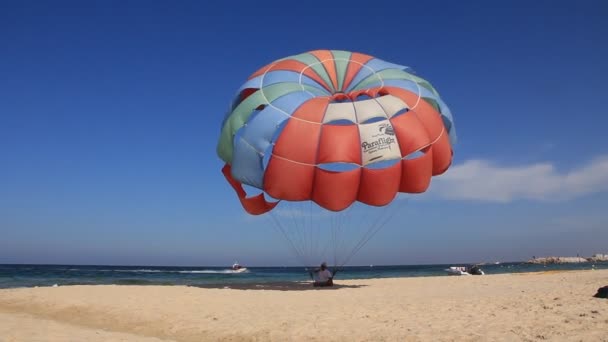 Színes ejtőernyős a strandon — Stock videók