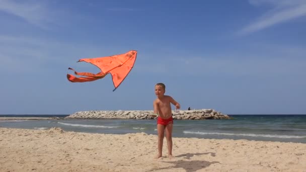 Niño con cometa naranja — Vídeo de stock