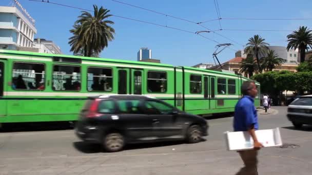 Green tramway in Tunis Tunisia — Stock Video