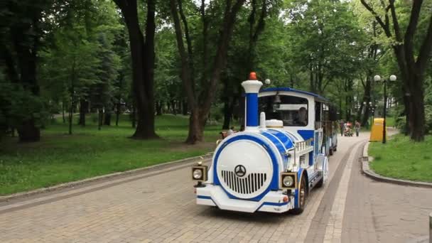 Поезд в парк развлечений с пассажирами на борту — стоковое видео