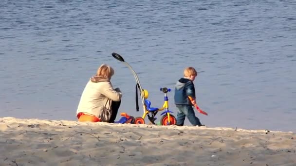 ビーチに息子と一緒にいる母親は — ストック動画