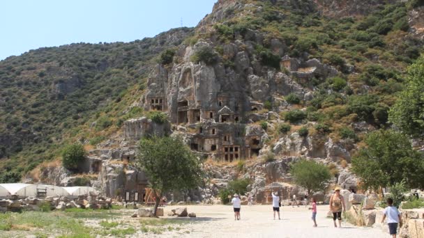 Rock-cut tombs of the ancient Lycian necropolis. Myra old name - Demre Turkey — Stock Video