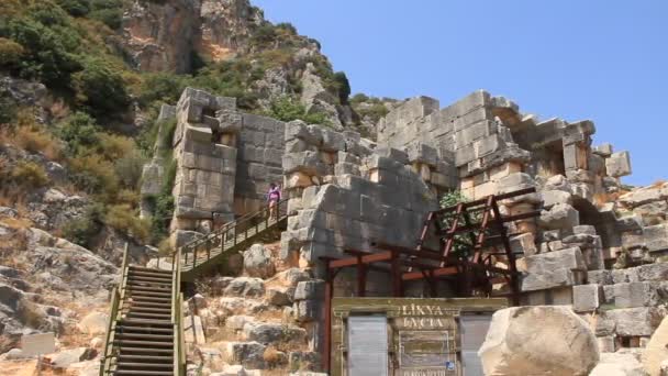 Rock-cut tombs of the ancient Lycian necropolis. Myra old name - Demre Turkey — Stock Video