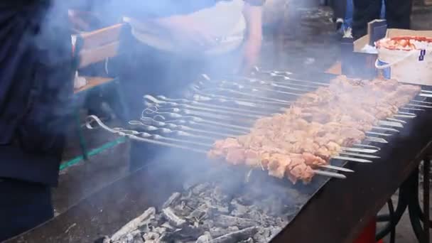 Shish kebab cucina su una griglia all'aperto — Video Stock