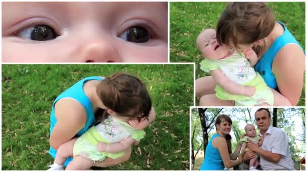 Mutlu aile anne, baba ve bebek montaj — Stok video