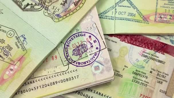 Pasaportes internacionales con visados — Vídeos de Stock