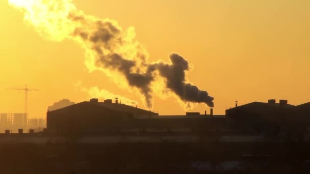 Solnedgången bakom industrianläggning — Stockvideo