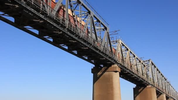 Puente ferroviario y tren de mercancías — Vídeo de stock