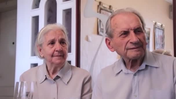 Casal de idosos vendo um filme sobre tempos passados — Vídeo de Stock