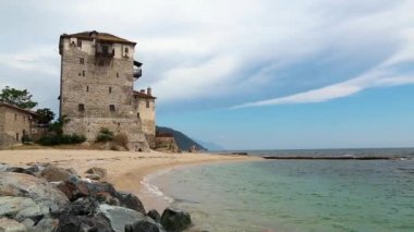 plajda ouranoupoli, athos Yarımadası, chalkidiki, Yunanistan eski kule