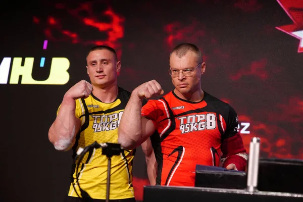 Kyiv Ukraine Outubro 2021 Professional Arm Wrestlers Oleg Petrenko Raimonds — Fotografia de Stock