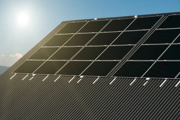 Panele Ogniw Słonecznych Dachu Światło Słoneczne — Zdjęcie stockowe