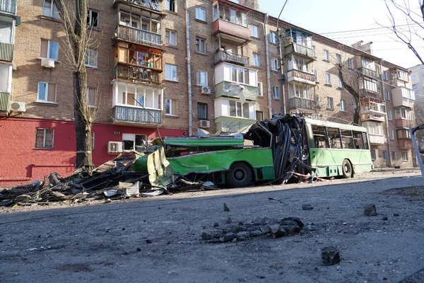 Après Bombardement Guerre Ukraine Russie Pays Terroriste Détruit Par Trolleybus — Photo