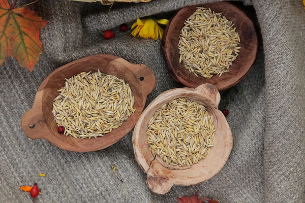 Wheat in a wooden bowl — Stock Photo, Image