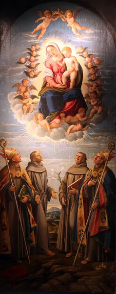 Madonnan och barnet i glansen av himlen med st. bonaventure, Franciskus av assisi, st. Antonius av padua och st. louis — Stockfoto