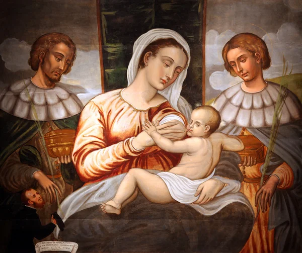 Madonna and Child Saint Cosmas and Damian — Stock Photo, Image