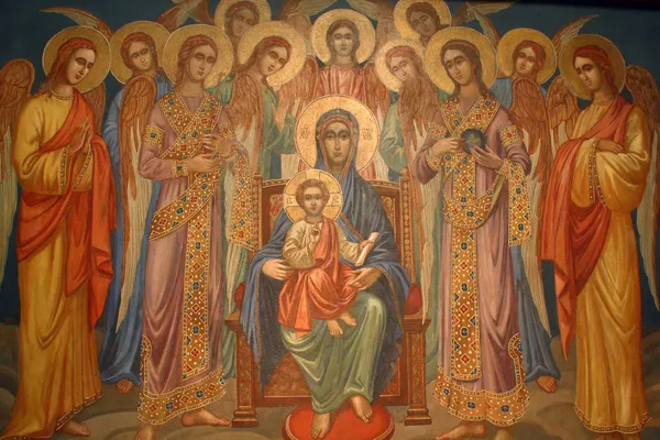 Vergine Maria con Gesù Bambino e coro di angeli Foto Stock