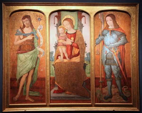 Madonna and Child on a throne with St. John the Baptist and Saint George — Stock Photo, Image