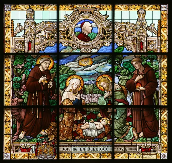 Nativity scene, stained glass, Church of St. Catherine, Bethlehem — Stock Photo, Image