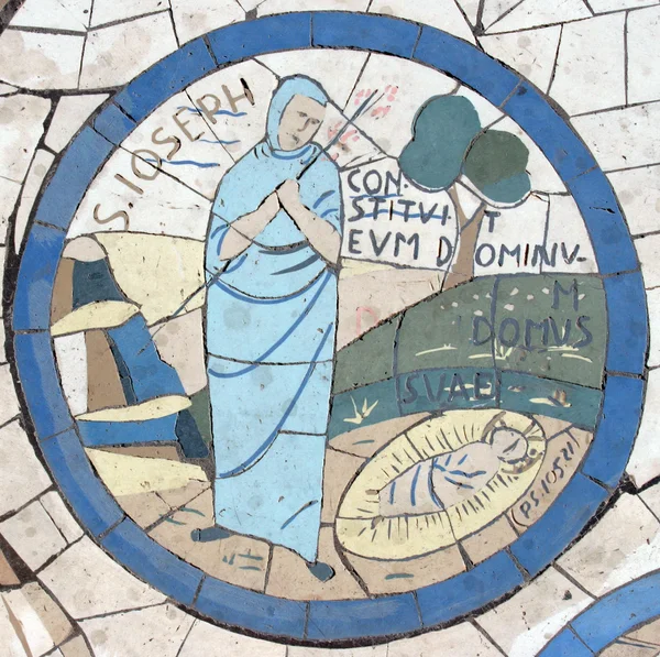 Saint Joseph, mosaik foran kirken på Mount of Beatitudes - Stock-foto