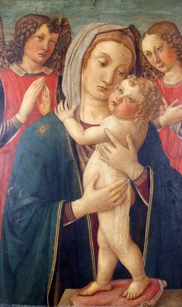 Madonna z dzieckiem i dwóch aniołów — Zdjęcie stockowe