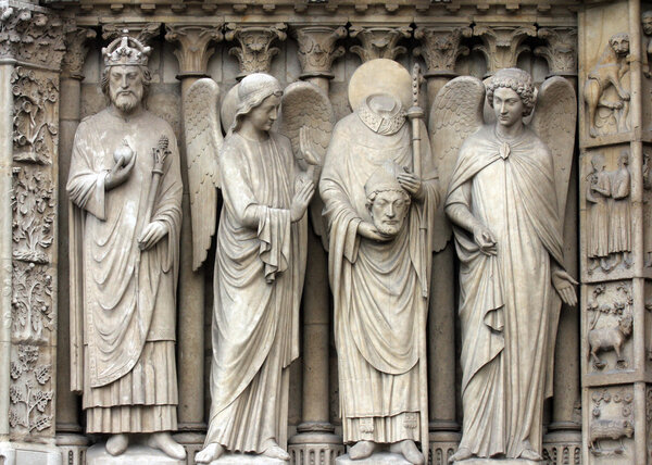 Emperor Constantine, an angel, Saint Denis holding his head, and another angel.