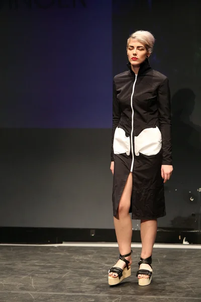 Modemodel trägt Kleider von Hess und Vinger auf dem Kleiderschrank — Stockfoto