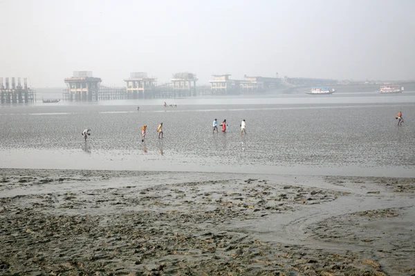 During low tide the water in the river Malta falls so low that people walk to the other shore in Canning Town, India — Stock Photo, Image