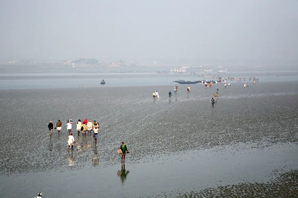 Při odlivu voda v řece malta spadá tak nízko, že lidé chodí na břeh v konzervárenských město, Indie — Stock fotografie