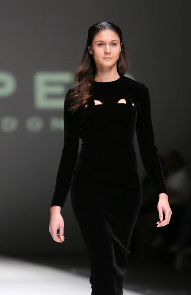 Modelka noszenie ubrania zaprojektowane przez Londyn papieru na Zagrzeb fashion week w dniu 09 maja 2014 r. w Zagrzebiu, Chorwacja — Zdjęcie stockowe