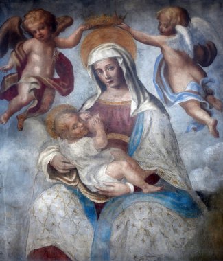 Heilige Maagd Maria met baby Jezus, straat wandschildering, parma, Italië