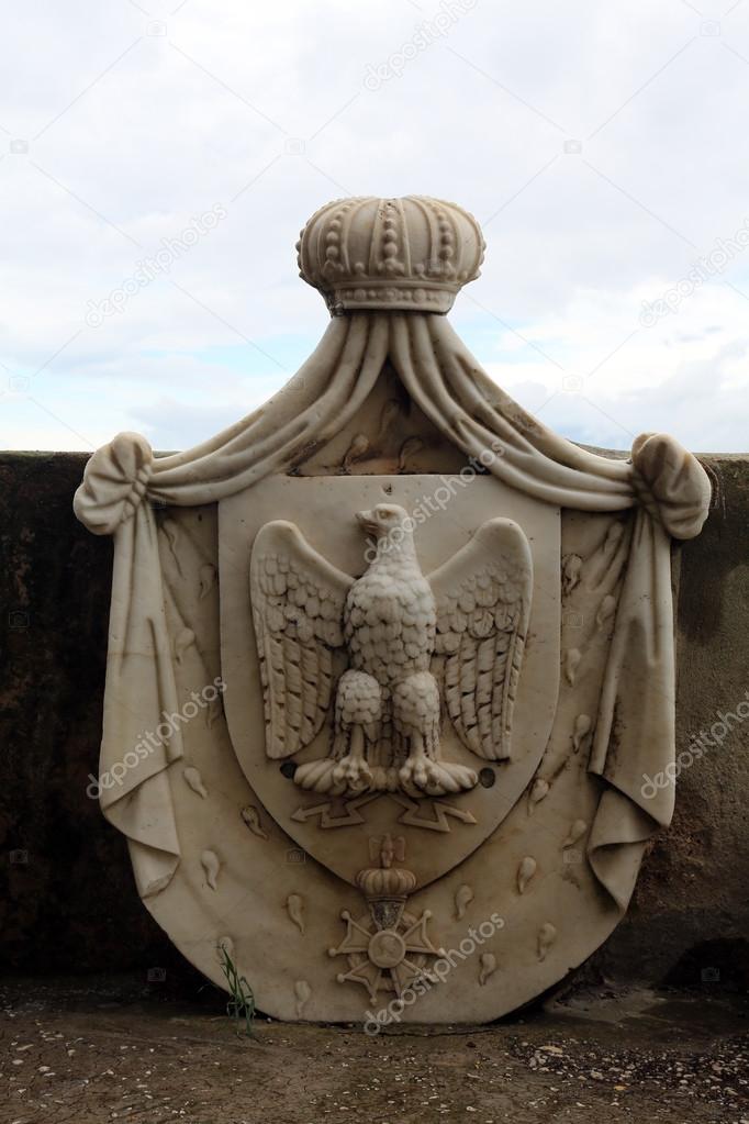 Napoleon I, coat of arms, garden of the Villa dei Mulini, Portoferraio, Elba, Italy