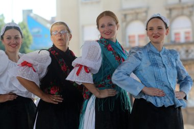 Halk grupları veseli medimurci Hırvatistan Zagreb Merkezi, 16 Temmuz 2014 tarihinde Hırvatistan 48 Uluslararası Folklor Festivali sırasında üyeleri