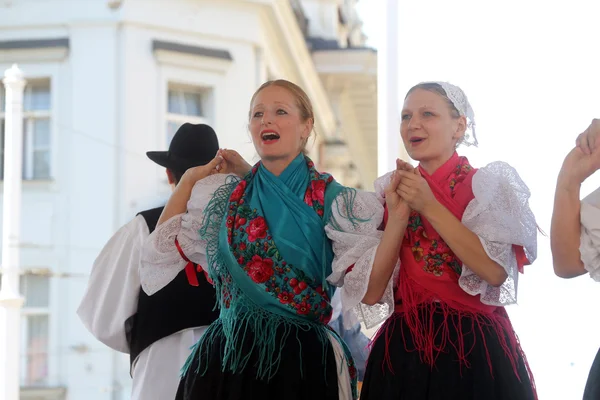 Miembros de los grupos populares Veseli Medimurci de Croacia durante el 48º Festival Internacional de Folclore en el centro de Zagreb, Croacia el 16 de julio de 2014 — Foto de Stock