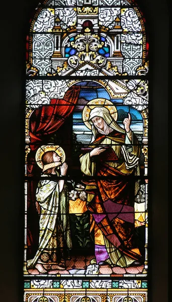 Oktatás Szűz Mária Festett Üveg Ablak Templom Szent Maurus Apát — Stock Fotó