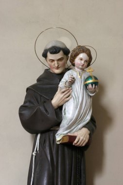 Padua 'lı Aziz Anthony, bebek İsa ile birlikte, Hırvatistan' ın Garcin kentindeki Aziz Matthew kilisesinde Kutsal Kalp mihrabında heykel