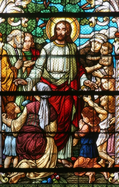 Jesus Blesses Mothers Children Stained Glass Window Saint John Baptist — Stock Photo, Image