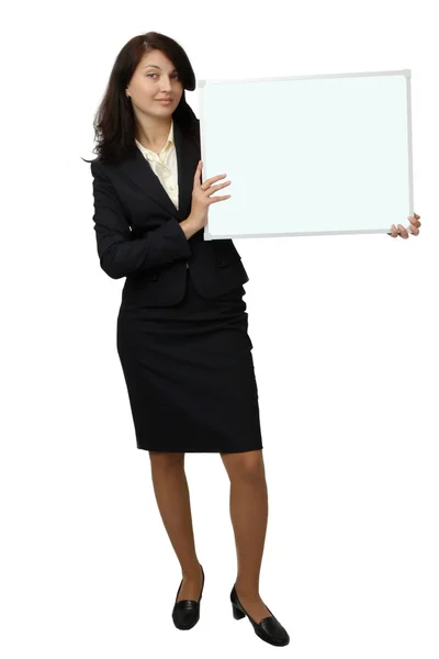 Business woman holding banner — Stock Photo, Image