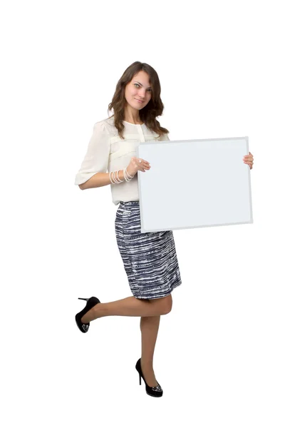 Young woman holding banner — Stock Photo, Image