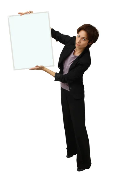 Business woman holding banner — Stock Photo, Image