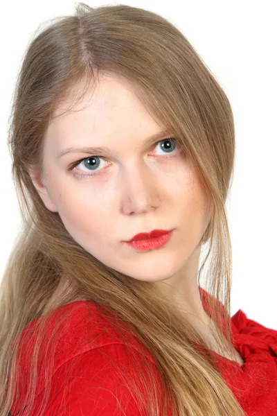 Portret van mooie blonde in het rood — Stockfoto