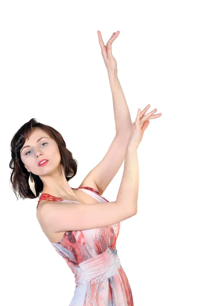 Jovem morena atraente com as mãos levantadas — Fotografia de Stock