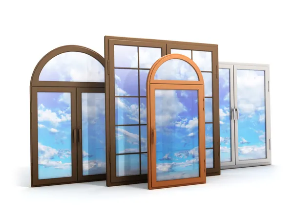Fönster med reflektioner av himlen Stockbild