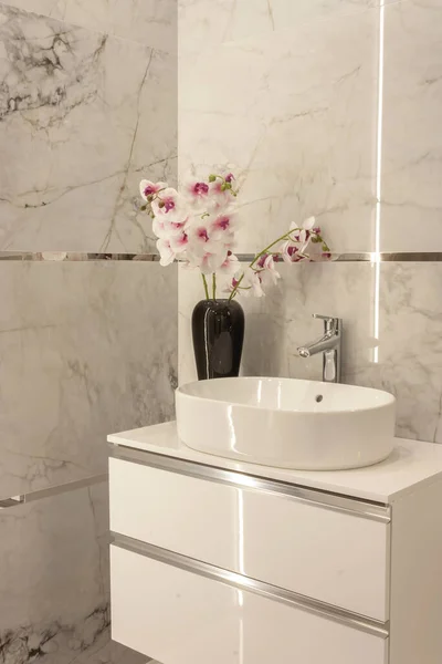 Part Bathroom View Washbasin Tap Cupboard Flowers Vase Stone Tiles Imagen de stock