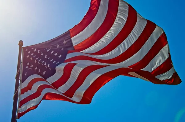 American Flag Flying Closeup Flying Bright Blue Sky — Stock Photo, Image
