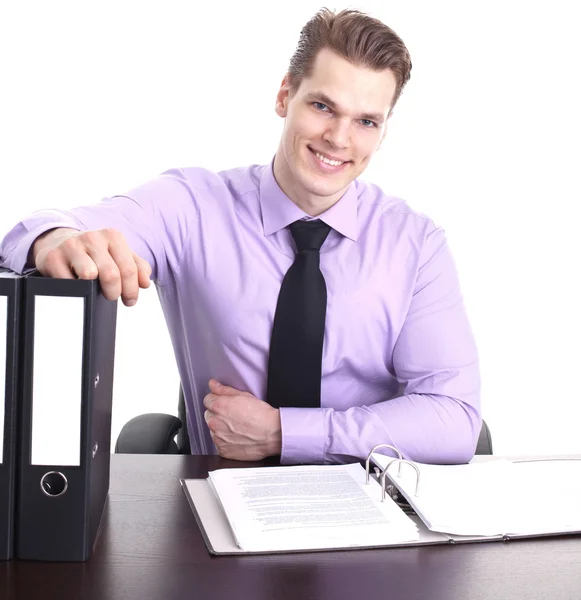 Selbstbewusster junger Geschäftsmann in seinem Büro, an Pfingsten isoliert — Stockfoto