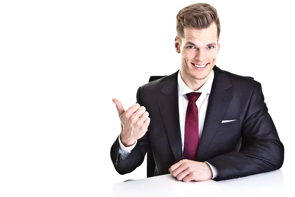 Handsome young businessman pointing at empty space - isolated on — Stock Photo, Image