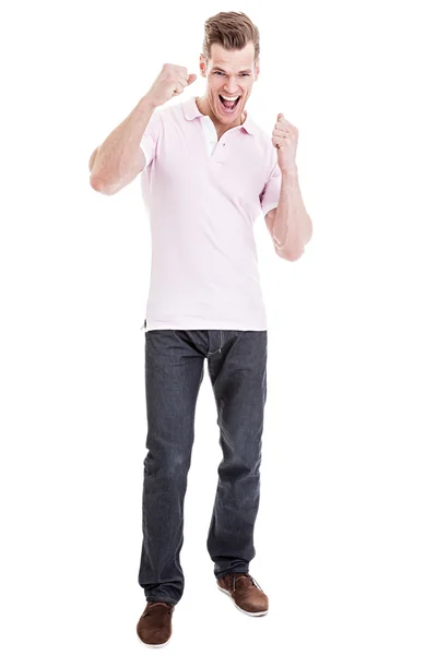 Man celebrating with hands raised — Stock Photo, Image