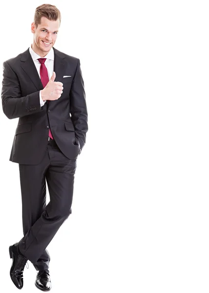 Full-length portrait of business man who thumbs up — Stock Photo, Image