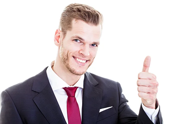 Hombre de negocios sonriente con el pulgar hacia arriba, aislado en whit — Foto de Stock